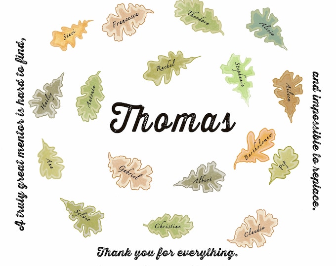 California Oak Boss, Mentor or Teacher Retirement Gift PRINTABLE. Personalised with names of colleagues and custom quote.