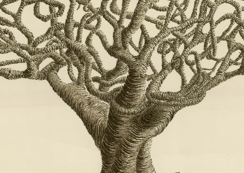 Giclee print of watercolour and pen and ink artwork featuring an abstract tree with tangled, twining branches in sepia image 2