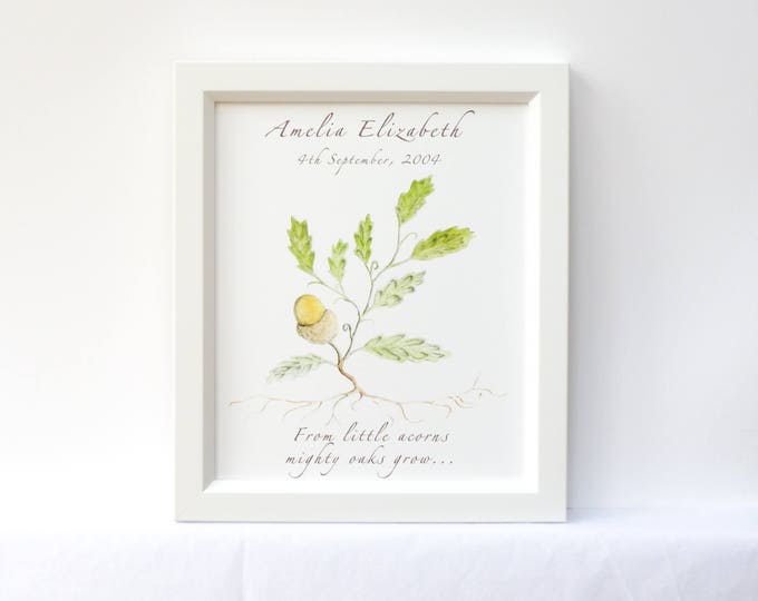 From Little Acorns Mighty Oaks Grow.  A perfect gift to celebrate a New Baby or a gift for the proud Grandparents.