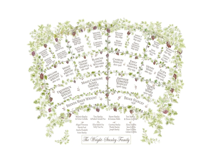 Printed personalised family fan chart of ancestors and descendants showing genealogy in a grapevine watercolour artwork. Fully customised