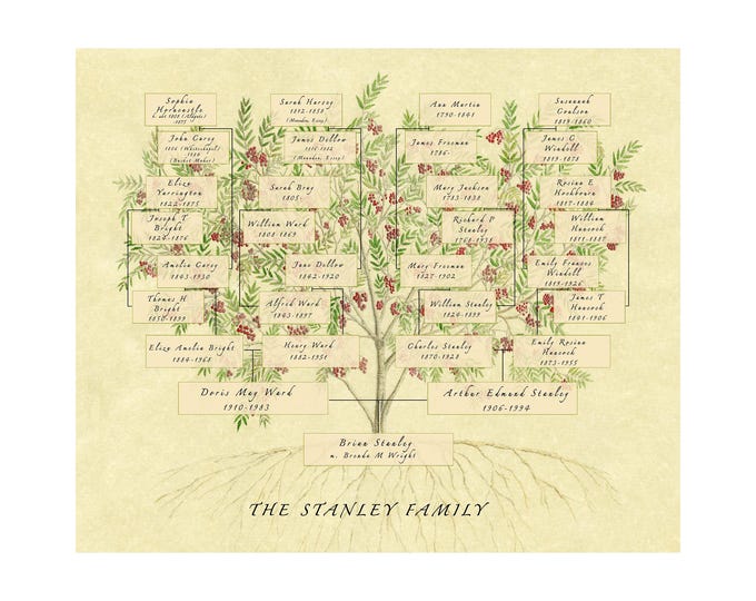 Family Tree Chart Print customised with your ancestors and descendants on a rowan tree watercolour artwork. Perfect anniversary gift.