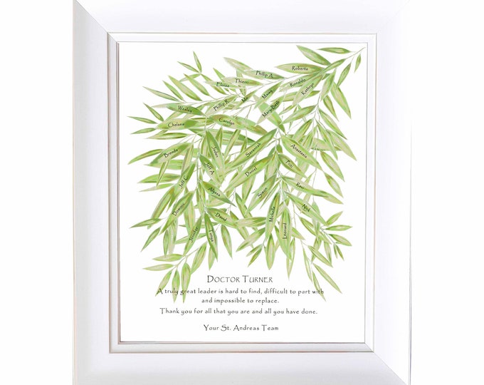 Retirement goodbye, Thank You or Leaving gift for boss, mentor or teacher.  Team names sit on bamboo leaves personalised and ready to gift