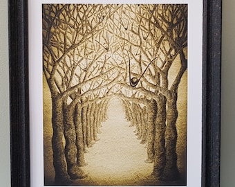 Sepia Framed Print of tunnel of trees artwork with birds flying.  Dystopian art in watercolours, pen and ink. Limited Edition Signed Print.