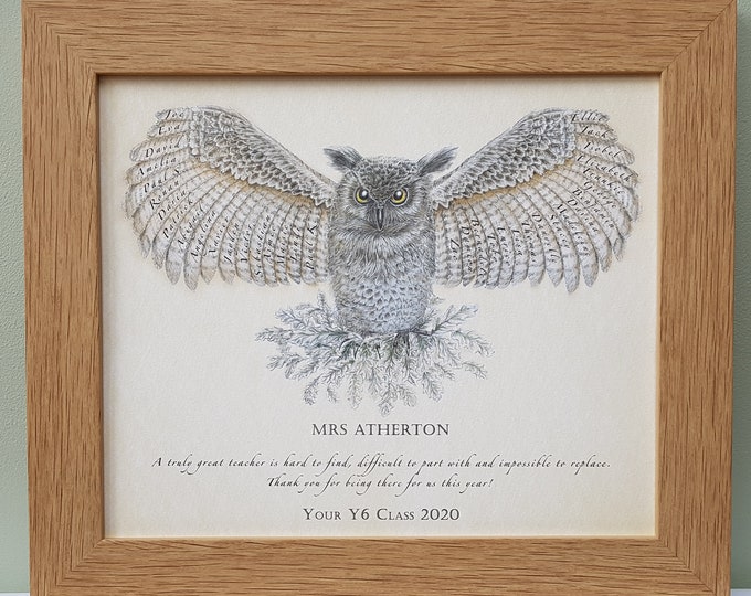 Framed Christmas Teacher Gift with names of pupils in the feathers of a wise owl.  Perfect school class present for head teacher.