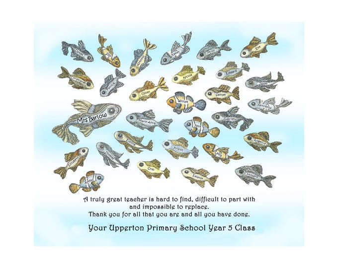 Printable pupil names in watercolour fish to give as a gift to a teacher, boss or mentor.  Retirement, class or good bye gift from coworkers
