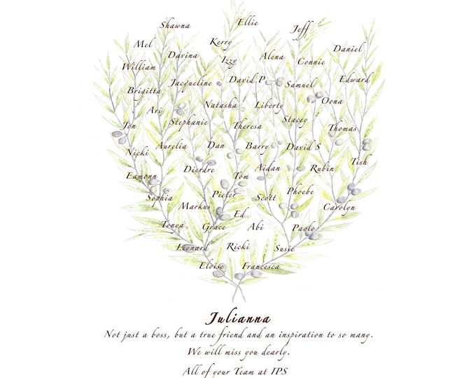 Printable olive artwork with colleague names and personalised message to boss, mentor or teacher.  Jpeg file only.