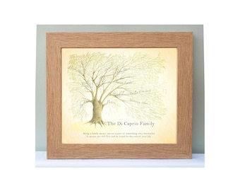 Family names grouped in willow tree branches with personalised message, framed in oak effect 12x10". Great anniversary gift for mum or dad.