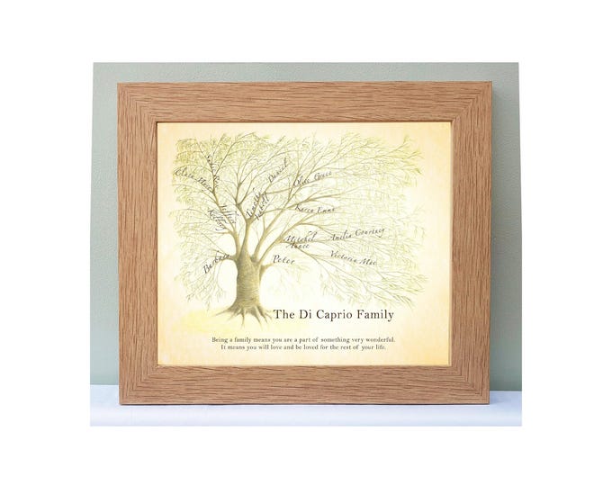 Family names grouped in willow tree branches with personalised message, framed in oak effect 12x10". Great anniversary gift for mum or dad.