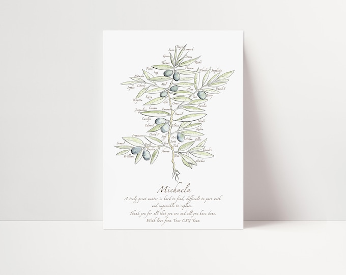 Olive Tree Boss, Mentor or Teacher Retirement Gift. Personalised with names of colleagues and custom quote. Leaving, moving on print.