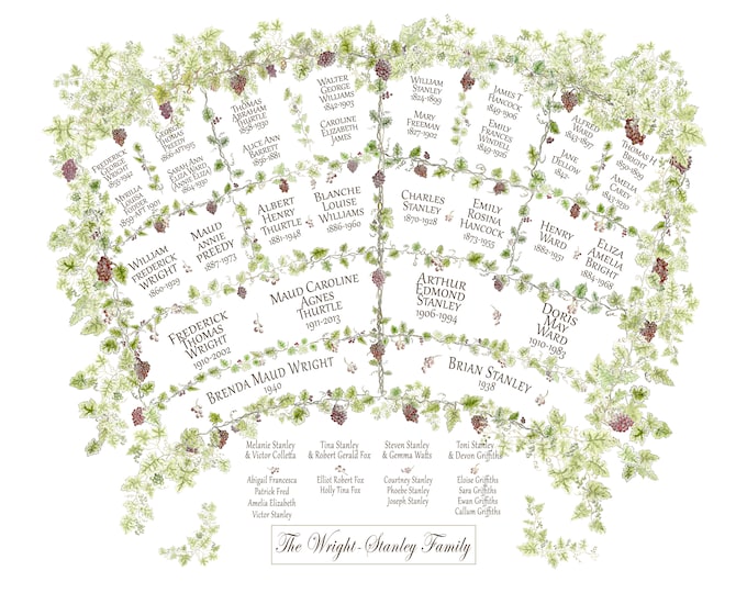 Printed personalised family fan chart of ancestors and descendants showing genealogy in a grapevine artwork.
