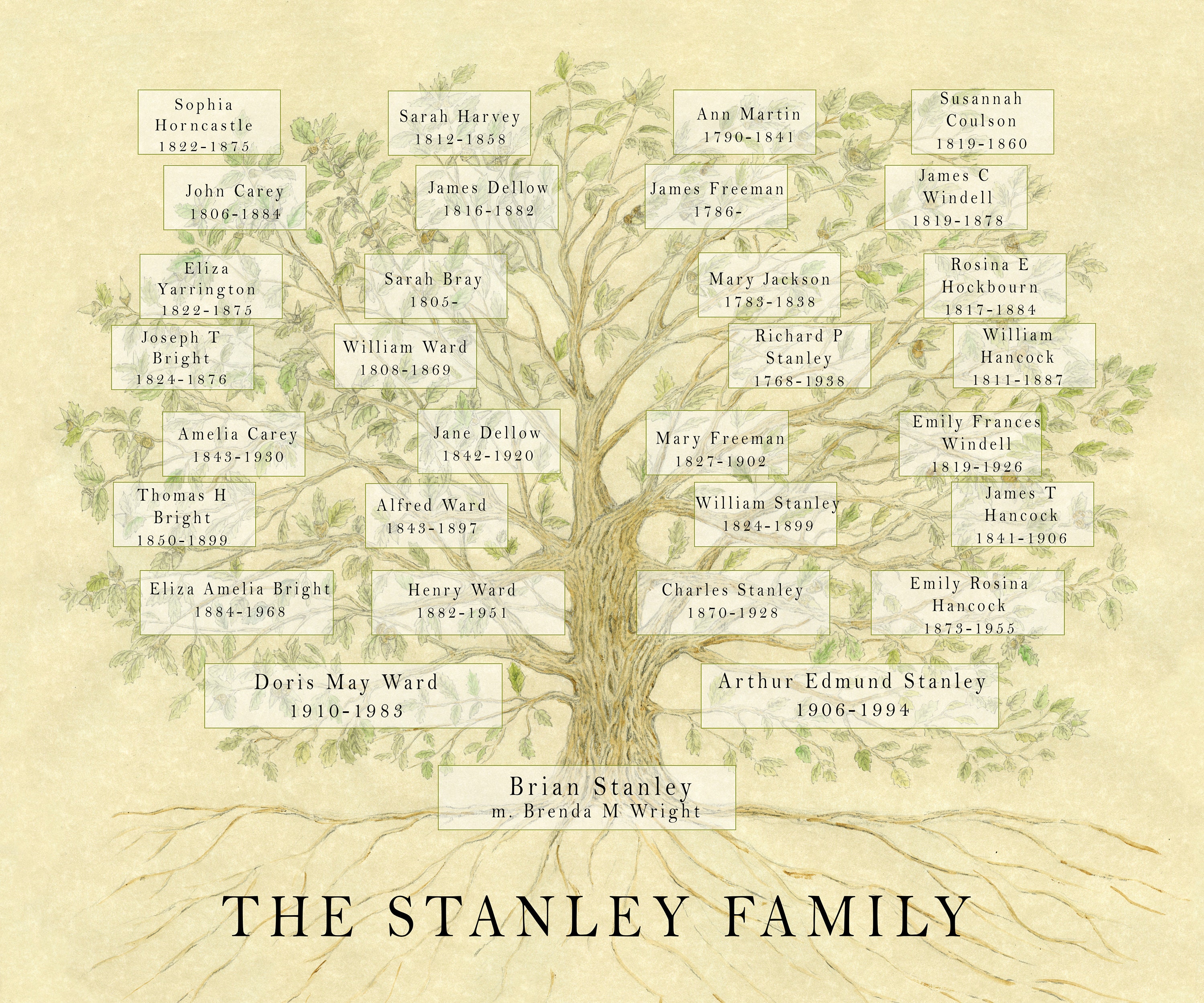 A custom chart of your family tree to celebrate members past and Present.  Featuring up to 7 generations.