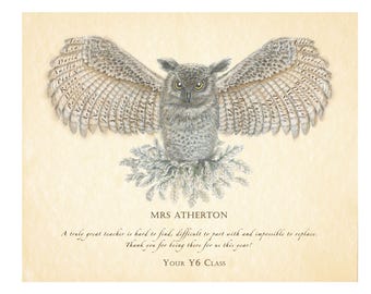 Wise Owl Personalised Teacher or Mentor Art Print. Gift with class or colleague names.  Retirement or Appreciation. Framed or unframed.