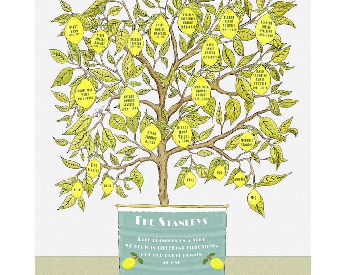 Lemon Tree PRINTABLE Ancestry Art with names and dates on hanging fruit.  Personalised and custom with your choice of quote on container.