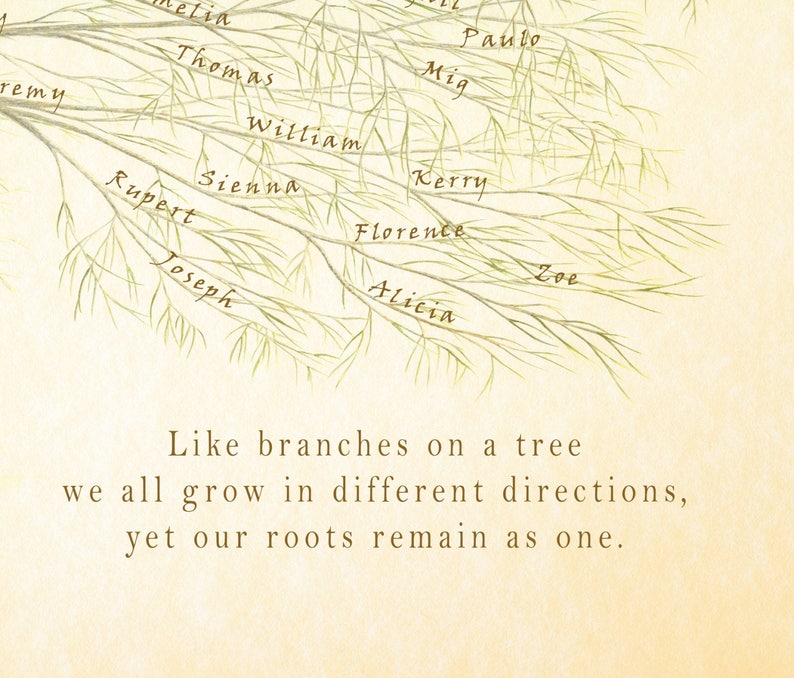 Puede incluir: Una ilustraci&oacute;n de acuarela de un &aacute;rbol con ramas que se extienden. Las ramas est&aacute;n etiquetadas con nombres, incluidos Remy, Paulo, Elia, Mig, Thomas, William, Kerry, Sienna, Florence, Zoe, Rupert, Joseph y Alicia. El texto debajo del &aacute;rbol dice: "Como las ramas de un &aacute;rbol, todos crecemos en diferentes direcciones, pero nuestras ra&iacute;ces permanecen unidas."