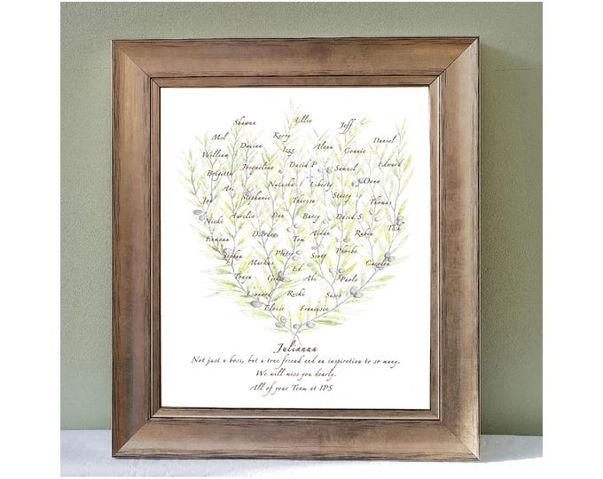 Show appreciation to boss, mentor, teacher or colleague. An artwork filled with coworker or pupil names, personalised quote.  Framing option