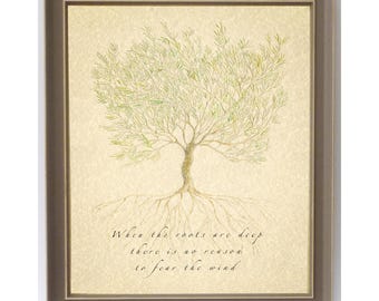 Inspirational metaphor perfect to show appreciation for friends and family.  Uplifting quote beneath watercolour art of windswept tree.