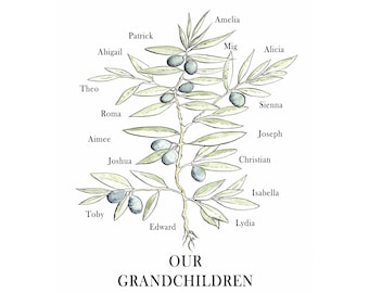 Personalised grandparent gift with grandchildren names in customised print of watercolour olive sprig artwork.  Printed up to A2 in size.