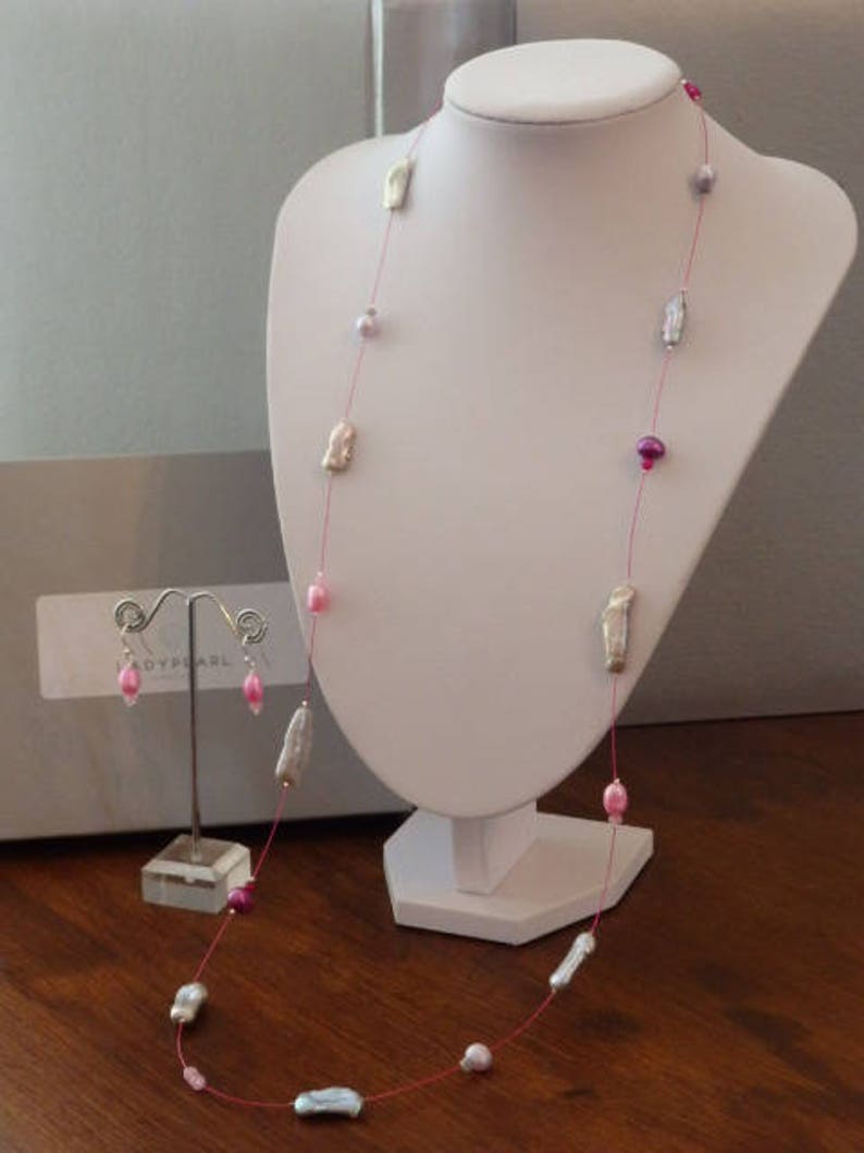 Contemporary Pearl Jewellery Pink Pearl Earrings Long Pearl Necklace Pink Pearl Necklace