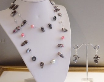 Long Collier de perles, Collier de perles roses, Bijoux en perles contemporaines, Boucles d’oreilles en perles roses