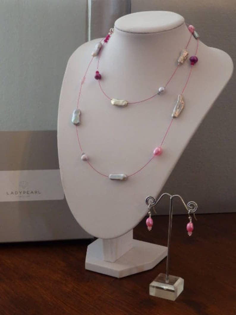 Contemporary Pearl Jewellery Pink Pearl Earrings Long Pearl Necklace Pink Pearl Necklace