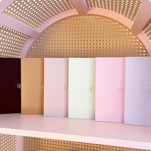 May include: A row of seven notebooks in various pastel colors, including dark brown, gold, light pink, pale green, and lavender. Each notebook has a circular logo on the front. The notebooks are displayed on a pink shelf.