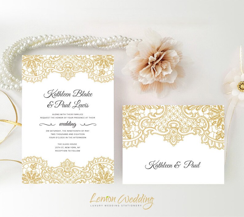PRINTED Gold lace wedding invitation with rsvp card Custom wedding invitations image 1