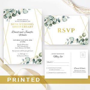 May include: A gold and white wedding invitation with a eucalyptus leaf design. The invitation is for a 50th wedding anniversary for David and Jennifer Woods. The invitation includes the date, time, and location of the event. The RSVP card is also included with a gold and white design and eucalyptus leaves.