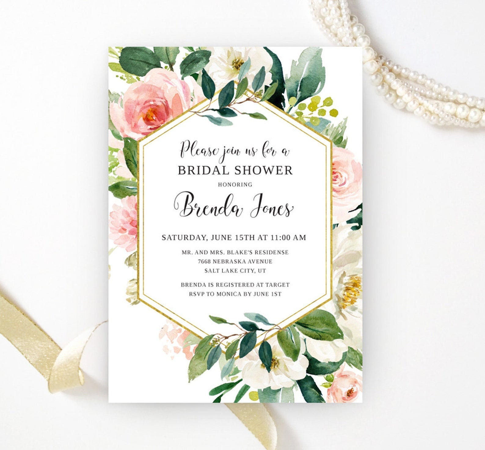 Floral Bridal Shower Invitation Printed Elegant Wedding Etsy