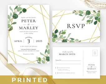 Greenery wedding invite with RSVP | Summer wedding invitation set | Floral, flower, leaves wedding invites PRINTED