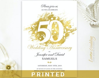 PRINTED   Elegant 50th wedding anniversary invitations   Gold wedding celebration   Any wording, any anniversary