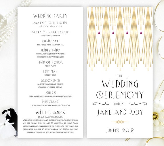 Printed Art Deco Wedding Programs Gatsby Wedding Program Etsy