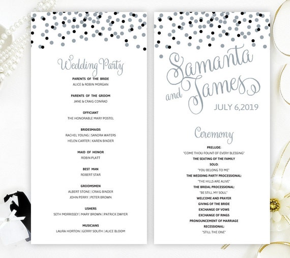 Printed Wedding Programs Silver And Black Confetti Program Etsy