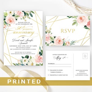May include: A gold geometric design with pink and white floral accents on a white background. The text "50th Wedding Anniversary of David and Jennifer Samuels" is printed in gold. The invitation is for a party on Saturday, May 14th, 2023 at 7:30 PM at Tati: Kitchen & Garden, 5987 Colorado Ave, Santa Monica, CA 90404. The RSVP information is included on the invitation.
