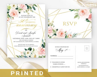 50th wedding anniversary invitations   Golden wedding anniversary invitations with RSVP postcards   Birthday celebration   Floral, greenery