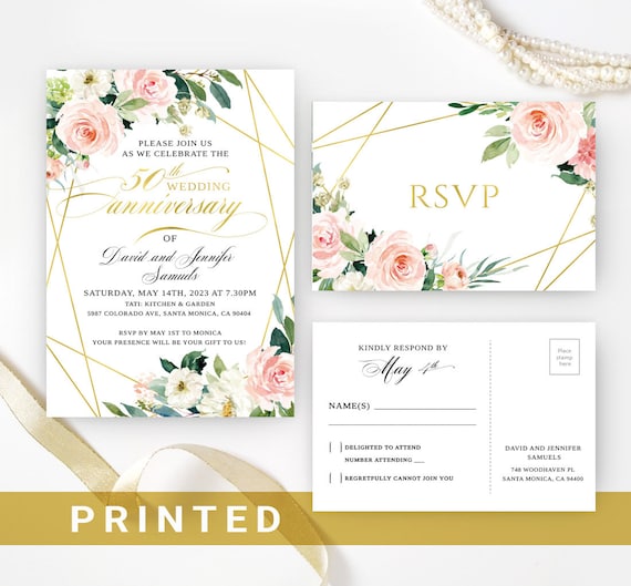50th wedding anniversary invitations   Golden wedding anniversary invitations with RSVP postcards   Birthday celebration   Floral, greenery