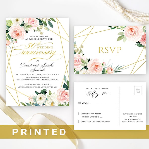 50th wedding anniversary invitations   Golden wedding anniversary invitations with RSVP postcards   Birthday celebration   Floral, greenery