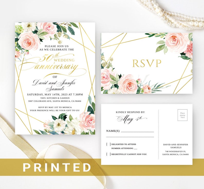 May include: A gold geometric design with pink and white floral accents on a white background. The text "50th Wedding Anniversary of David and Jennifer Samuels" is printed in gold. The invitation is for a party on Saturday, May 14th, 2023 at 7:30 PM at Tati: Kitchen & Garden, 5987 Colorado Ave, Santa Monica, CA 90404. The RSVP information is included on the invitation.