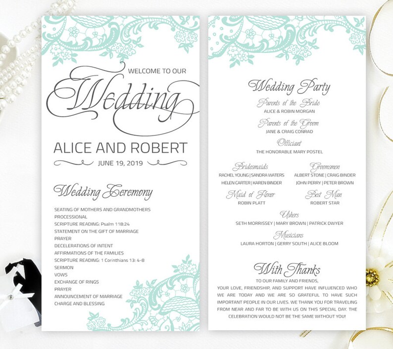 Printed Wedding Programs Cheap Mint Green Lace Wedding Etsy