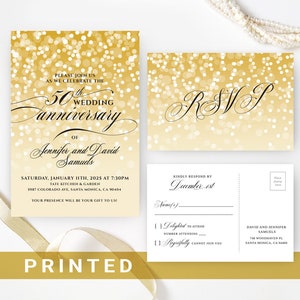 Golden wedding anniversary invitation PRINTED   50th wedding anniversary invitations with RSVP postcards   Birthday celebration   Any year