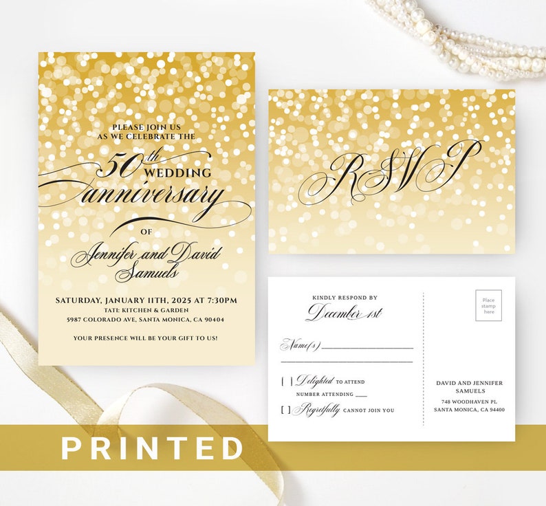 May include: Gold glitter background with black text.  Invitation for a 50th wedding anniversary for Jennifer and David Samuels.  The event is on Saturday, January 11th, 2025 at 7:30pm at Tate Kitchen & Garden, 5987 Colorado Ave, Santa Monica, CA 90404.  The RSVP card has a gold glitter background with black text.  The RSVP deadline is December 1st.