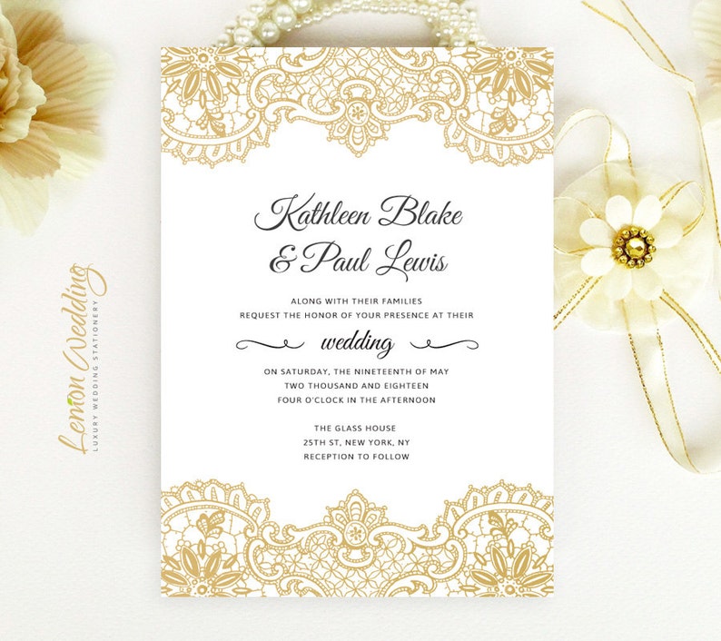 PRINTED Gold lace wedding invitation with rsvp card Custom wedding invitations image 2