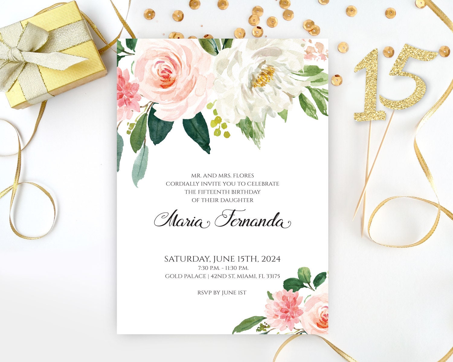 Paper Floral Quince invitations printed Elegant sweet 15 invites