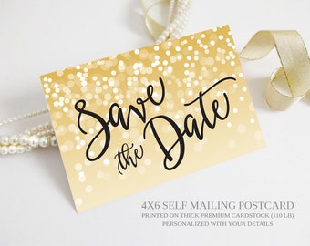 PRINTED Save the Date Postcard | Gold Confetti wedding save the dates