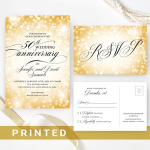 May include: Gold and white wedding anniversary invitation with a sparkling background. The invitation includes the text "50th Wedding Anniversary of Jennifer and David Samuels" and the date "Saturday, January 11th, 2025 at 7:30pm". The invitation also includes a RSVP card with the text "Kindly Respond by December 1st".