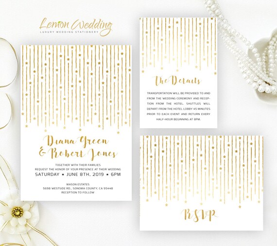 Set Of 3 Cards Art Deco Wedding Invitations Gold Wedding Etsy