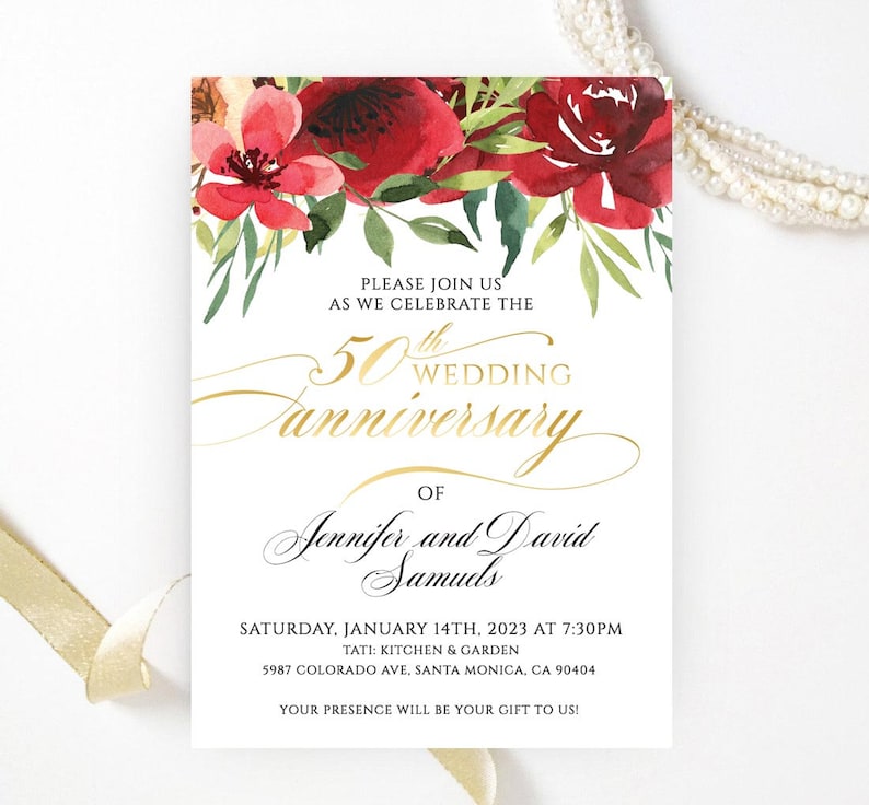 Golden wedding anniversary invitations printed Geometric gold, white, green floral frame 50th wedding, birthday anniversary Any year 7