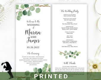 Elegant greenery wedding programs personalized   Watercolor eucalyptus leaves   Simple modern outdoor wedding ceremony program PRINTED