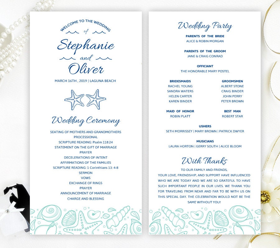 PRINTED Beach Wedding Program Destination Wedding Navy and Etsy