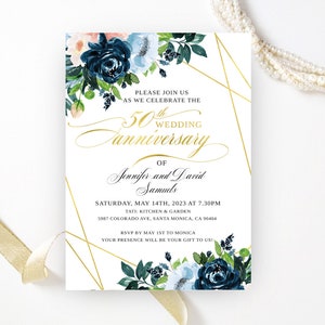 Golden wedding anniversary invitations printed Geometric gold, white, green floral frame 50th wedding, birthday anniversary Any year 3