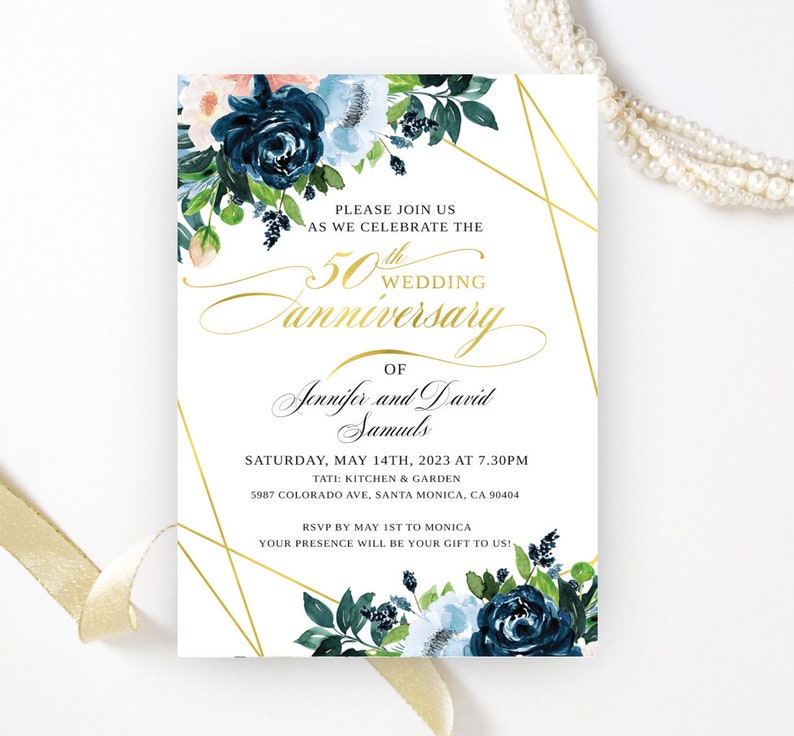 Golden wedding anniversary invitations printed Geometric gold, white, green floral frame 50th wedding, birthday anniversary Any year 3